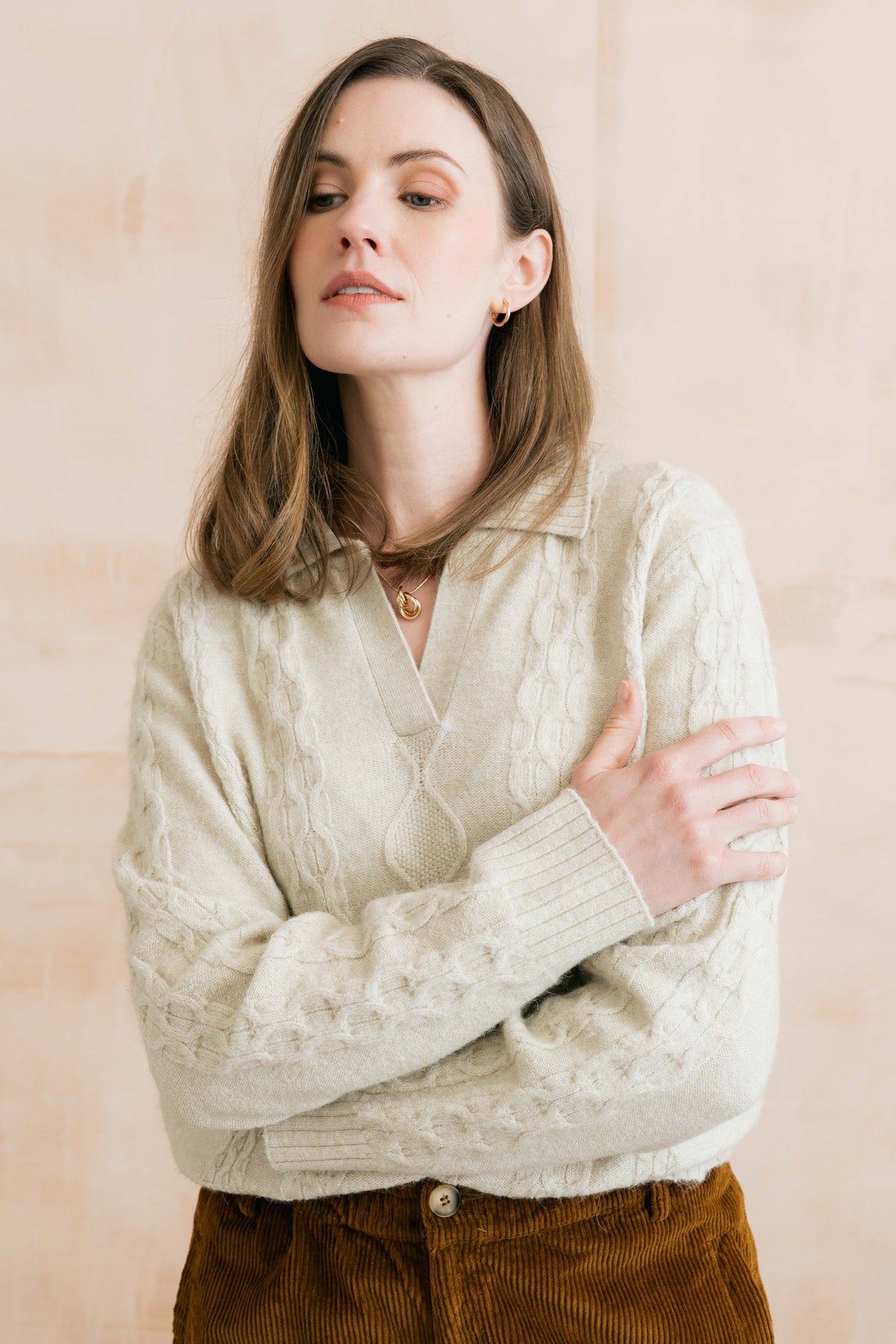 Studio Cable Knit Collared Jumper Oatmeal