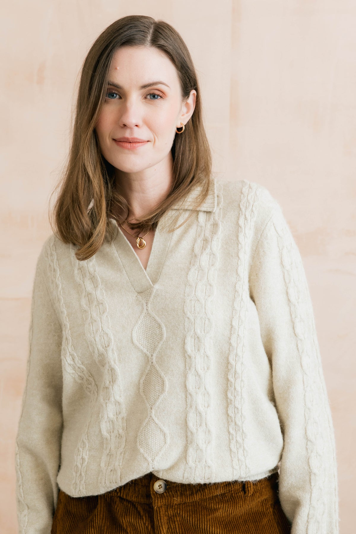 Studio Cable Knit Collared Jumper Oatmeal