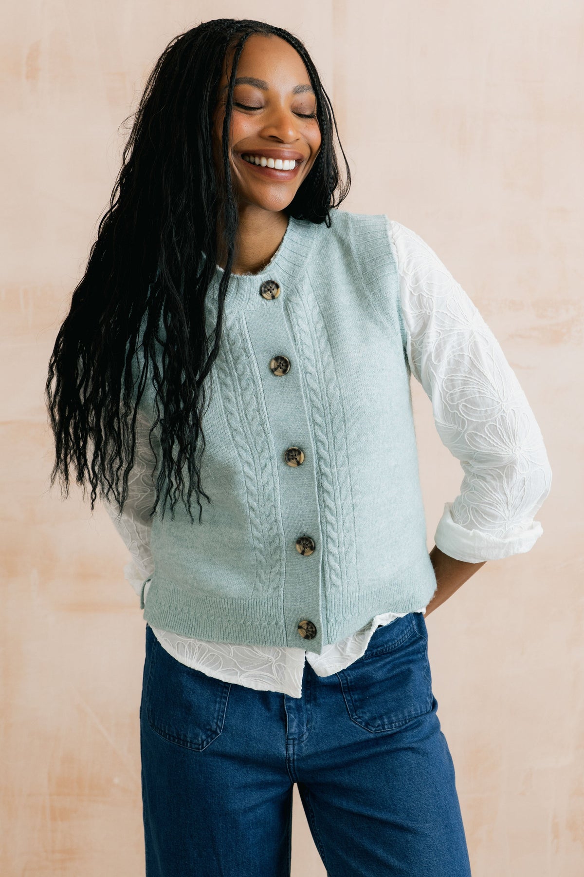 Stencil Cable Knit Waistcoat Sea Blue