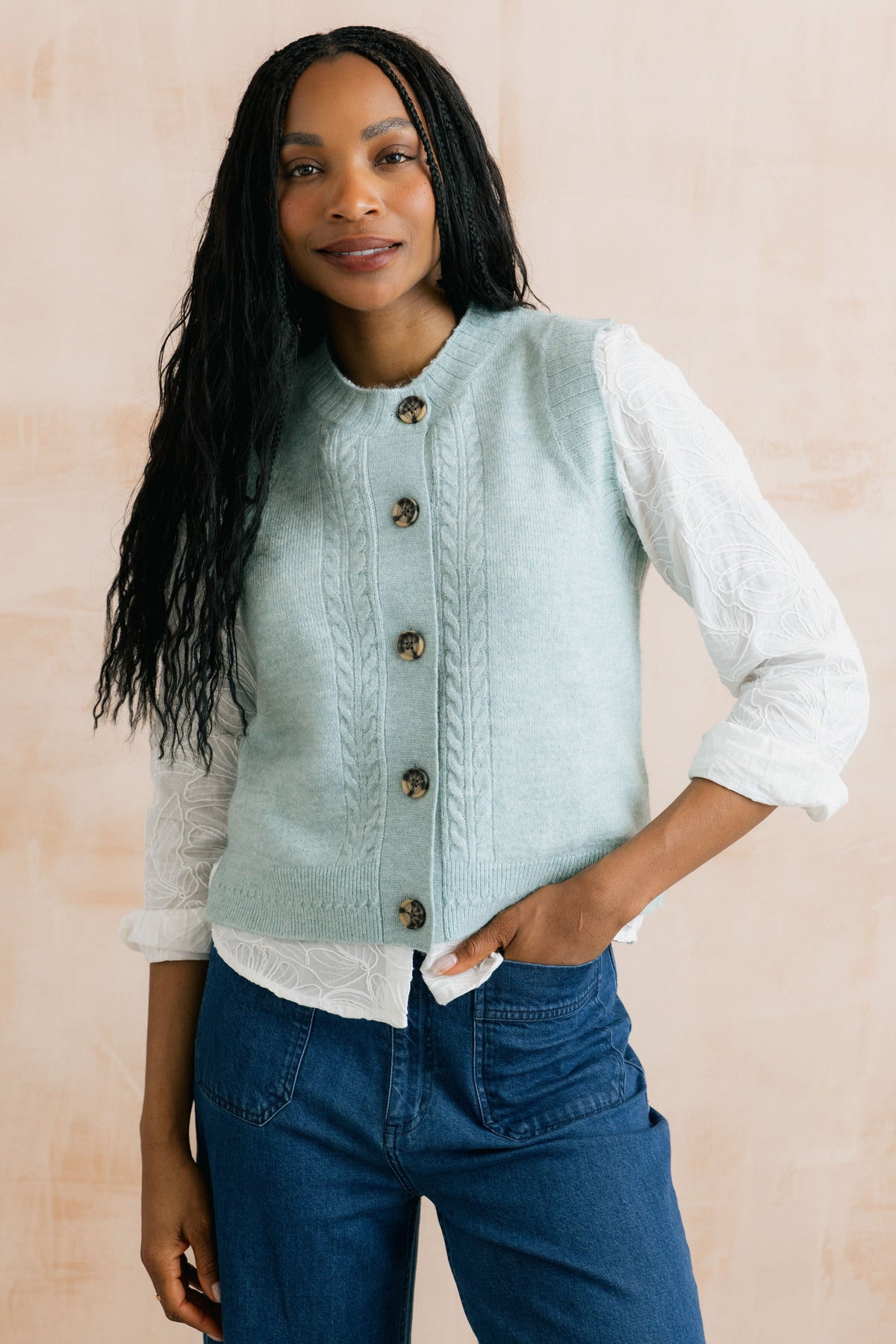 Stencil Cable Knit Waistcoat Sea Blue