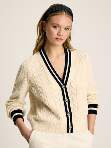 Centre Court Cream & Navy Button Through Cable Knit Cardigan