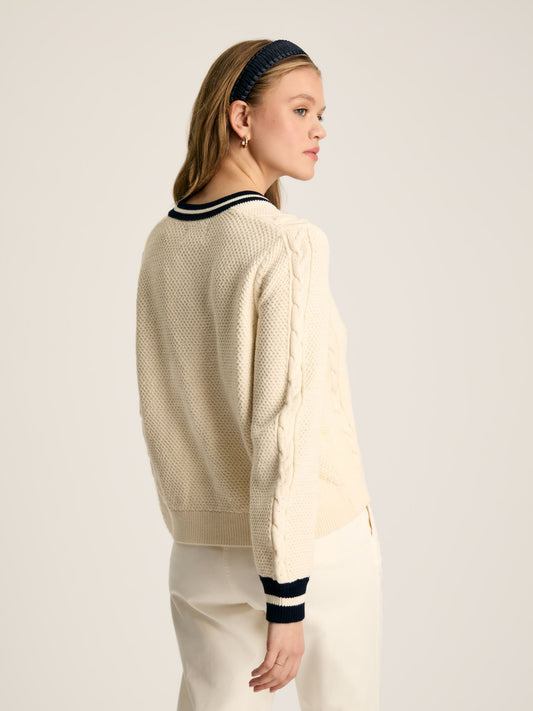 Centre Court Cream & Navy Button Through Cable Knit Cardigan