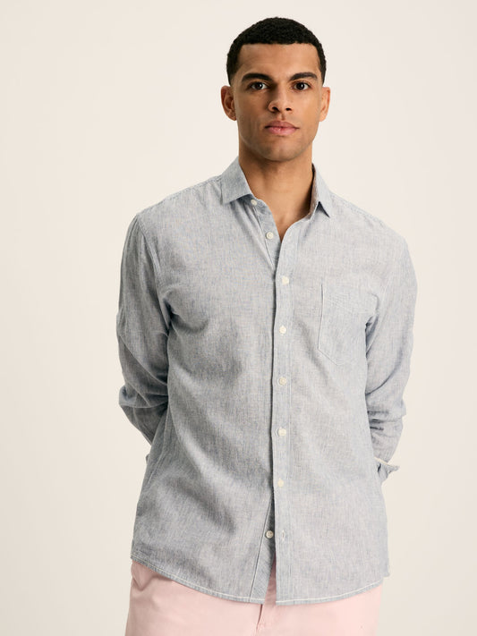 Linen Blend Blue Stripe Plain Long Sleeve Shirt