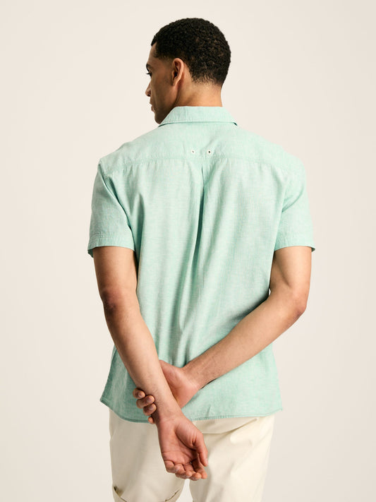 Linen Blend Green Plain Short Sleeve Shirt