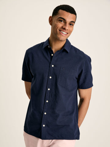 Linen Blend Navy Plain Short Sleeve Shirt