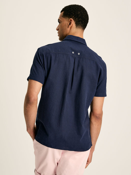 Linen Blend Navy Plain Short Sleeve Shirt