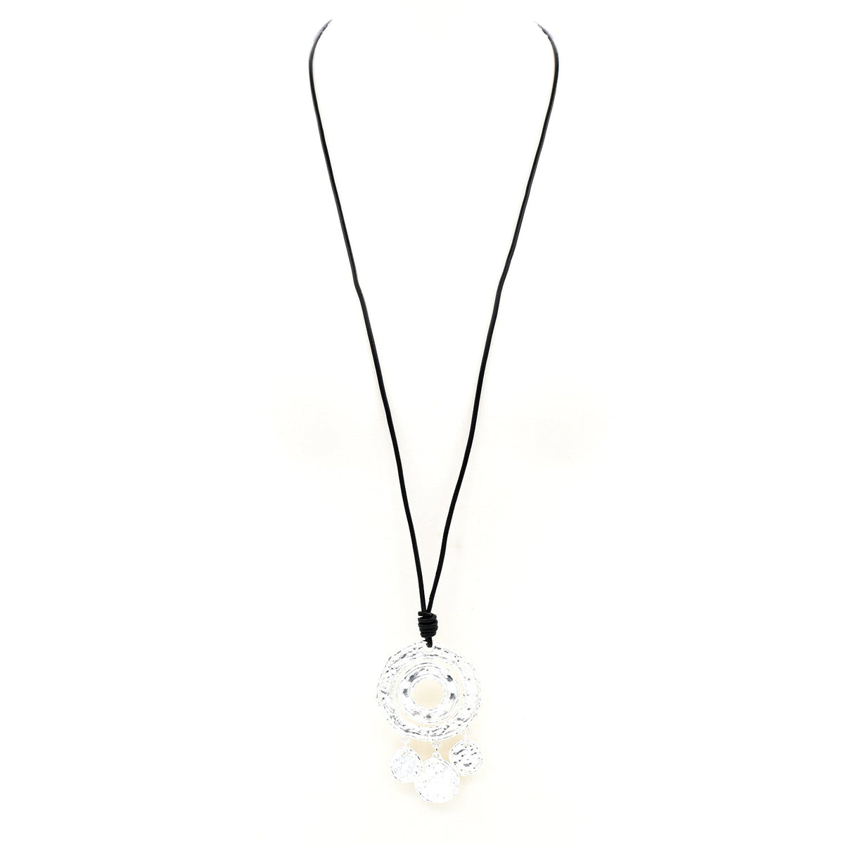 Large beaten disc with small disc droppers on long leather necklace