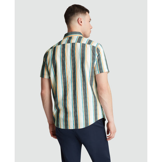 Short Sleeve Crinkle Vertical Stripe Shirt In Blue Wing Teal