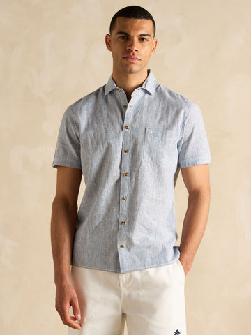 Linen Blend Blue Stripe Short Sleeve Shirt