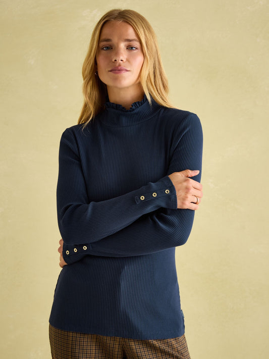 Amy Navy Ribbed Long Sleeve High Neck Jersey Top