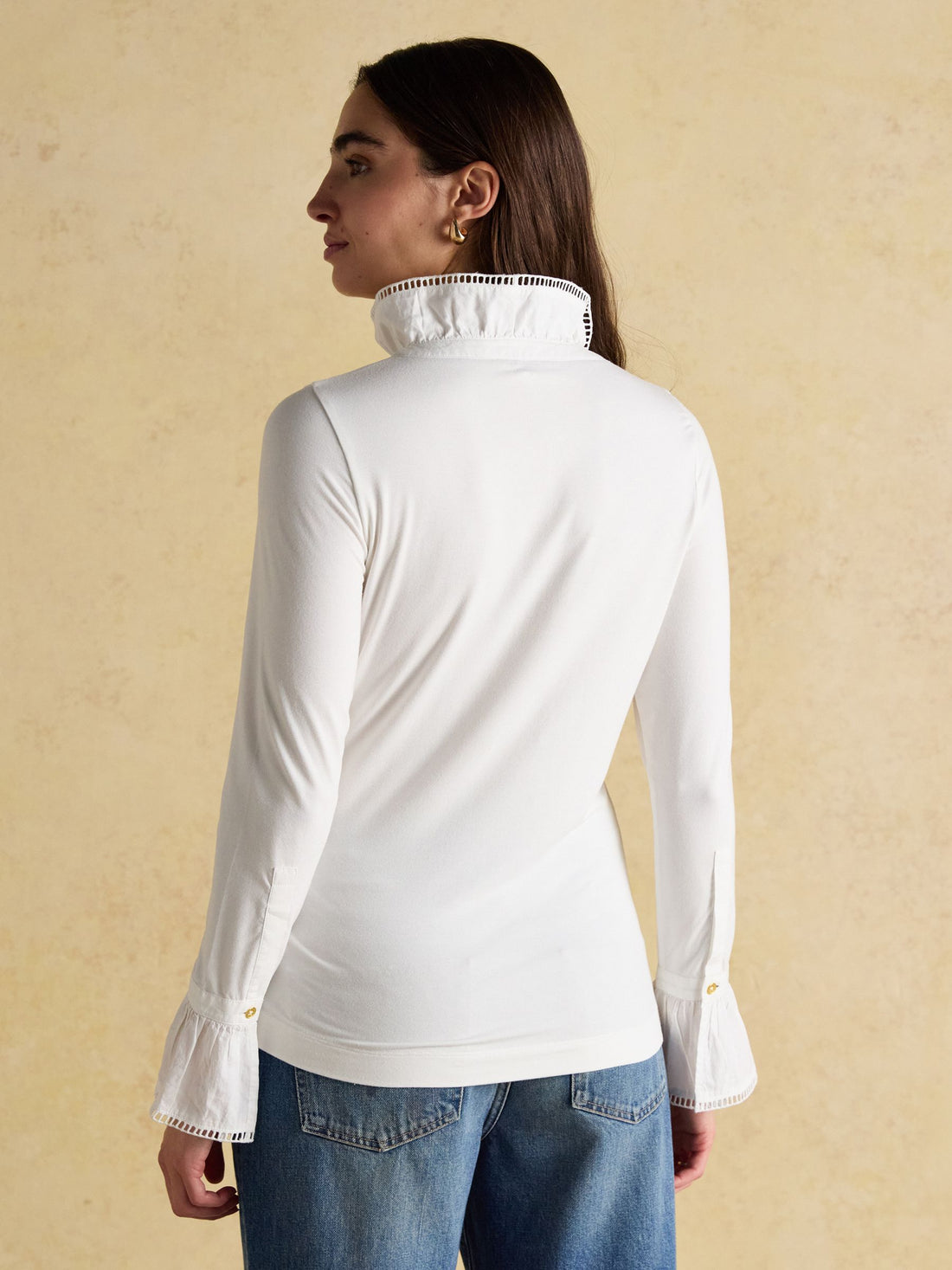 Kate White Long Sleeve Frilled Neck Top