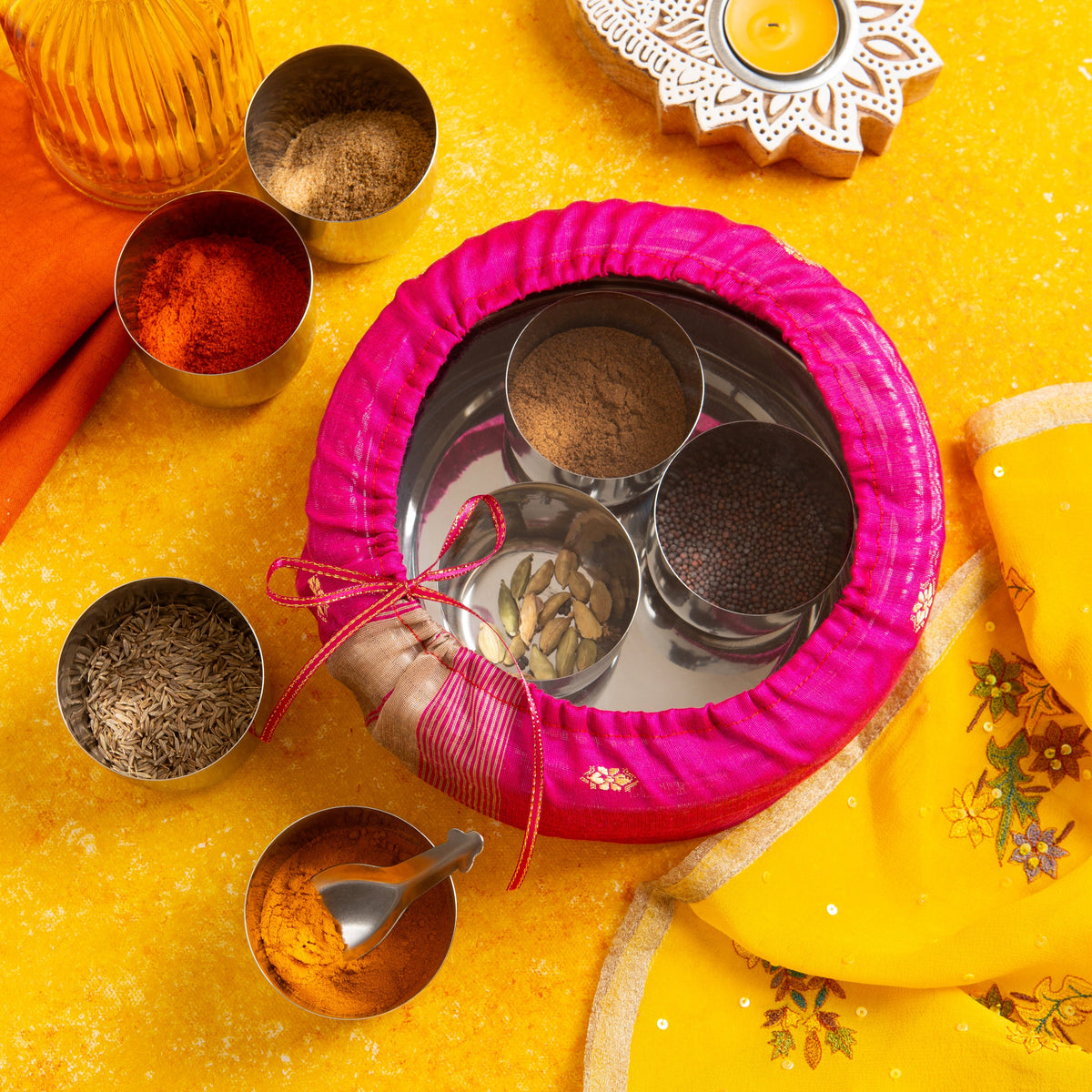 Indian Spice Tin With 9 Spices & Blends with Silk Sari Wrap