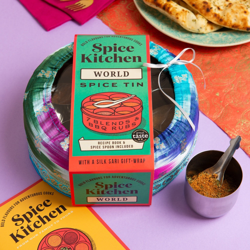 World Spice Tin With 7 Spices & Blends with Silk Sari Wrap