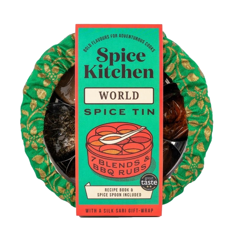 World Spice Tin With 7 Spices & Blends with Silk Sari Wrap