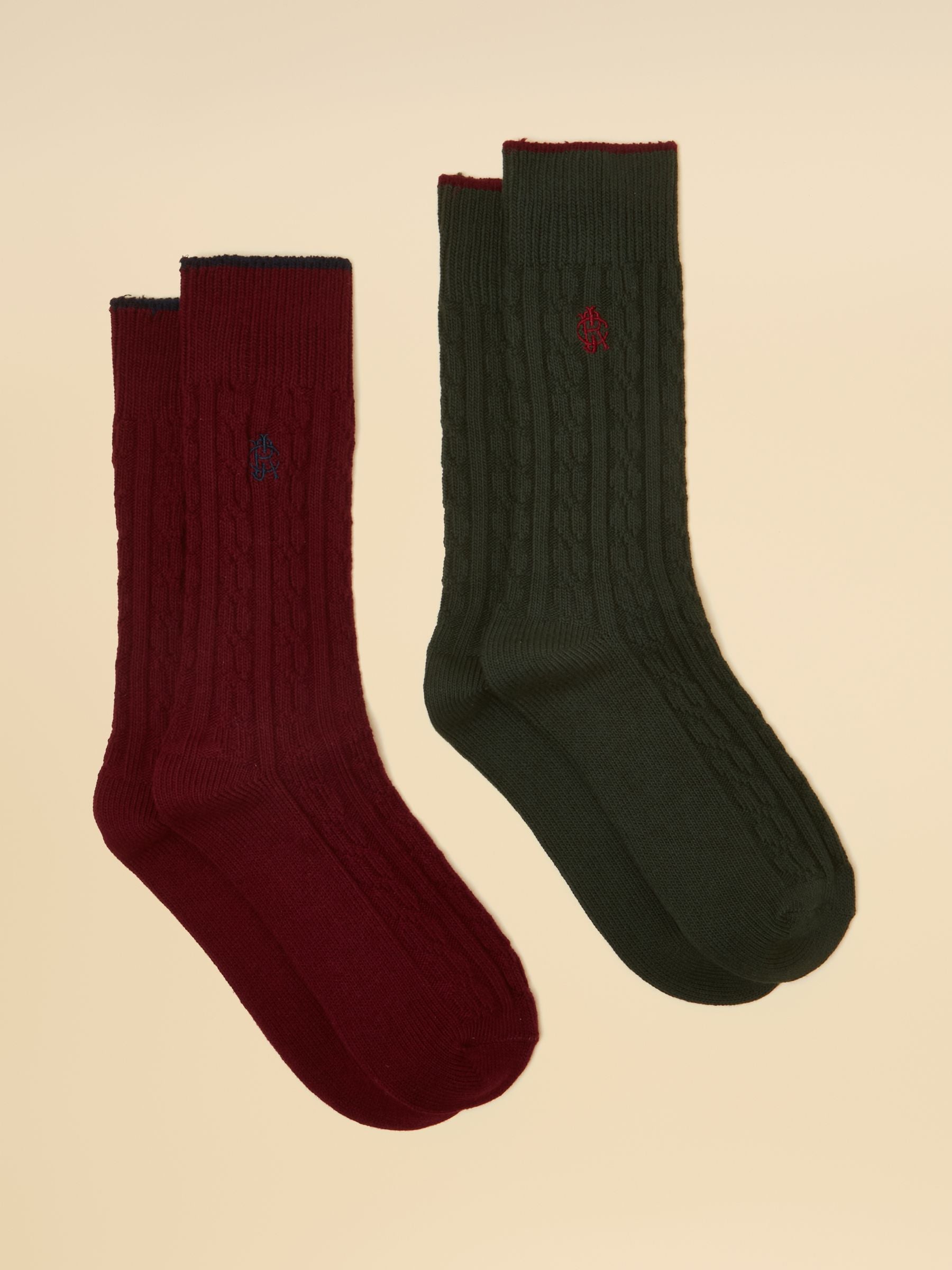 Men's Cable Knit Green & Red Socks 2 Pack