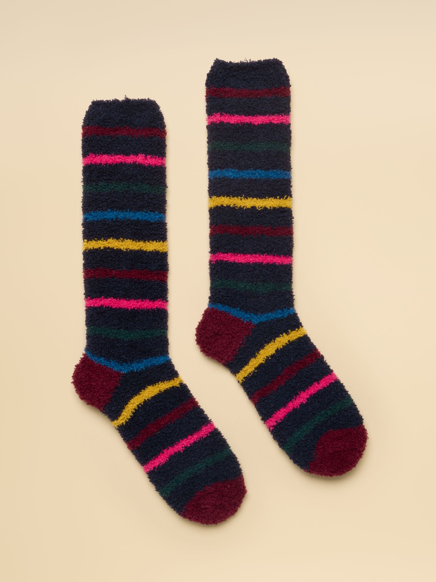 Women's Fluffy Navy Multi Stripe Socks (Size 4–8)