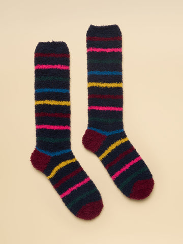 Women's Fluffy Navy Multi Stripe Socks (Size 4–8)