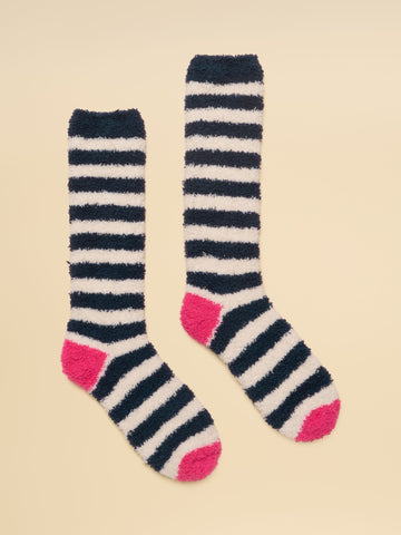Women's Fluffy Navy Cream Stripe Socks (Size 4–8)