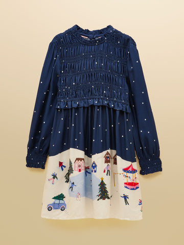 Long Sleeve Shirred Dress - Navy Blue