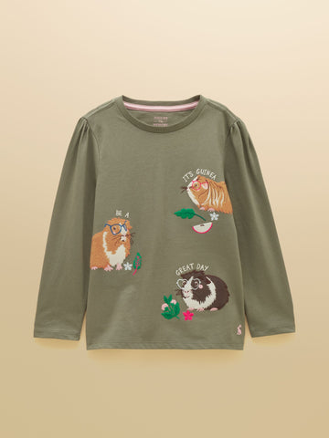 Girls' Ava Khaki Green Applique Long Sleeve Top