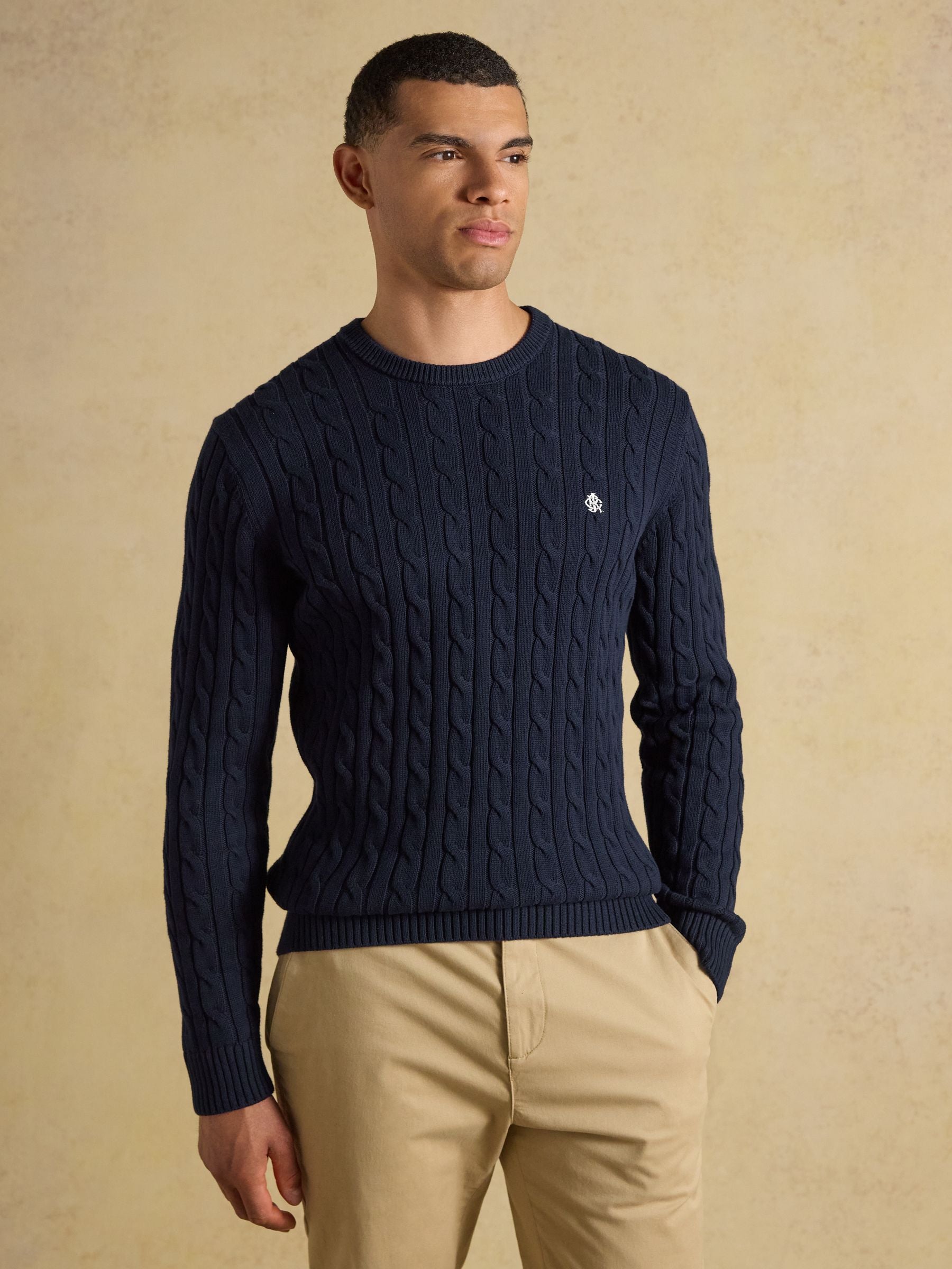 Navy Crew Neck Cotton Cable Knit Jumper