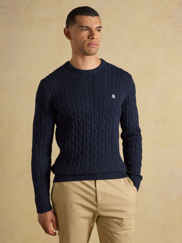 Navy Crew Neck Cotton Cable Knit Jumper