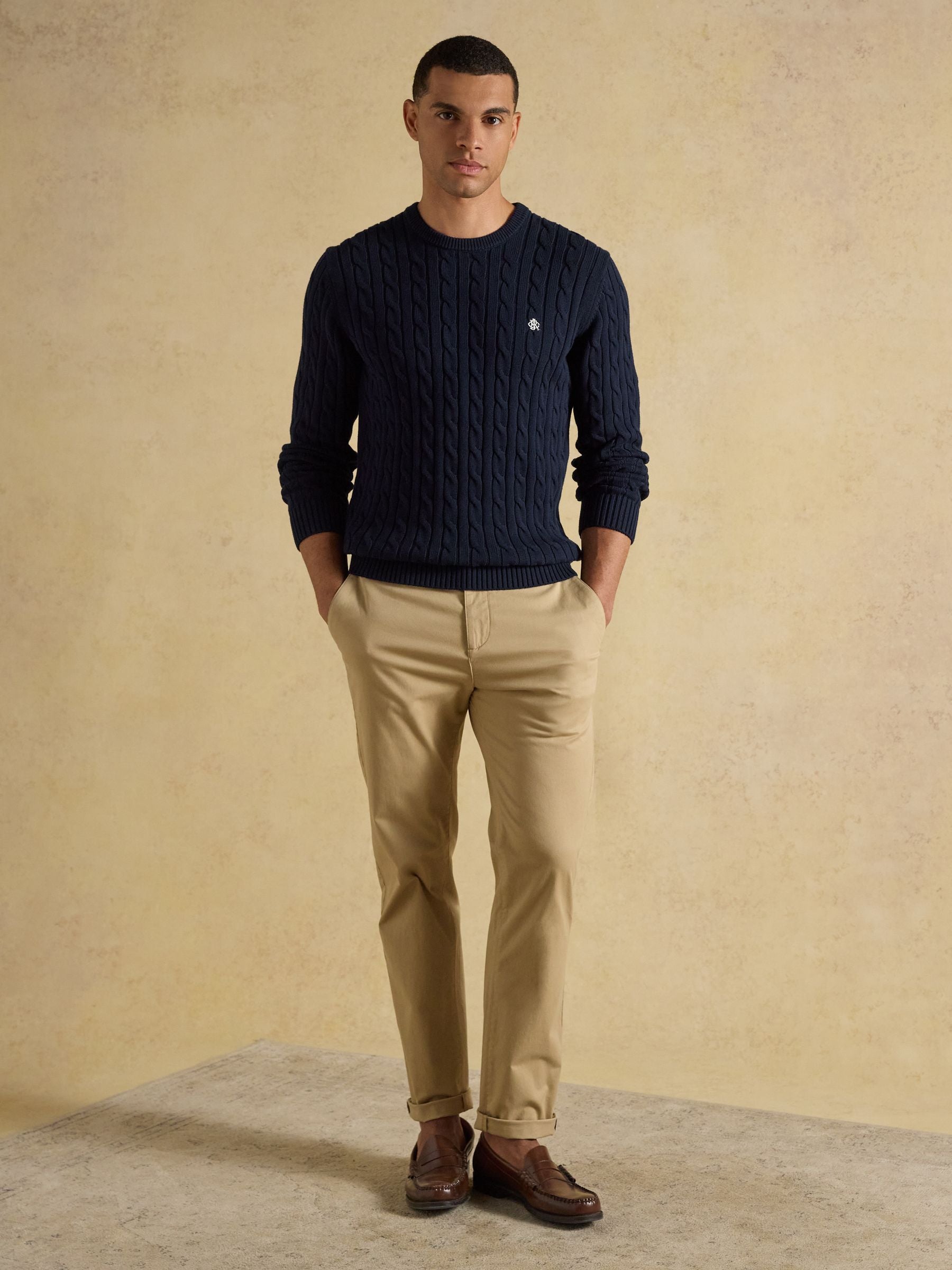 Navy Crew Neck Cotton Cable Knit Jumper