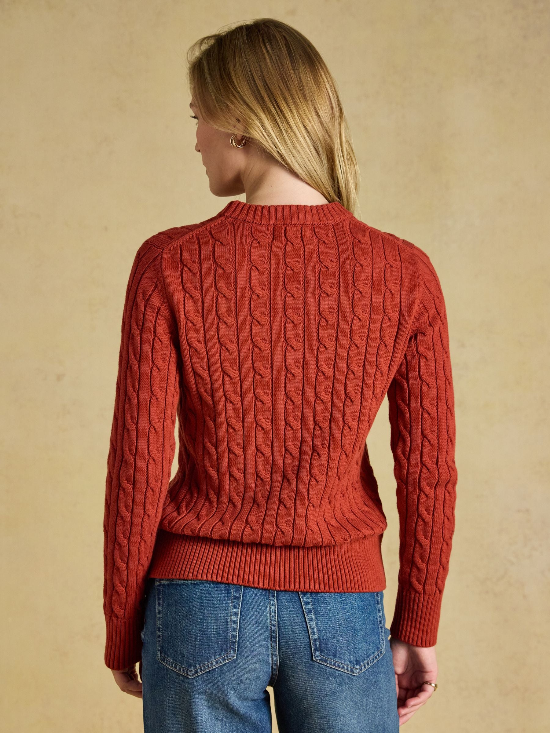 Burnt Orange Classic Crew Neck Cotton Cable Knit Jumper