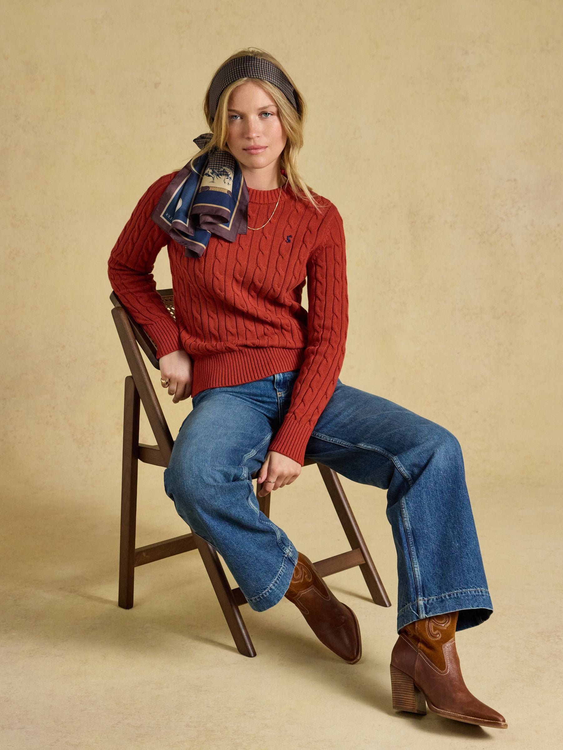Burnt Orange Classic Crew Neck Cotton Cable Knit Jumper