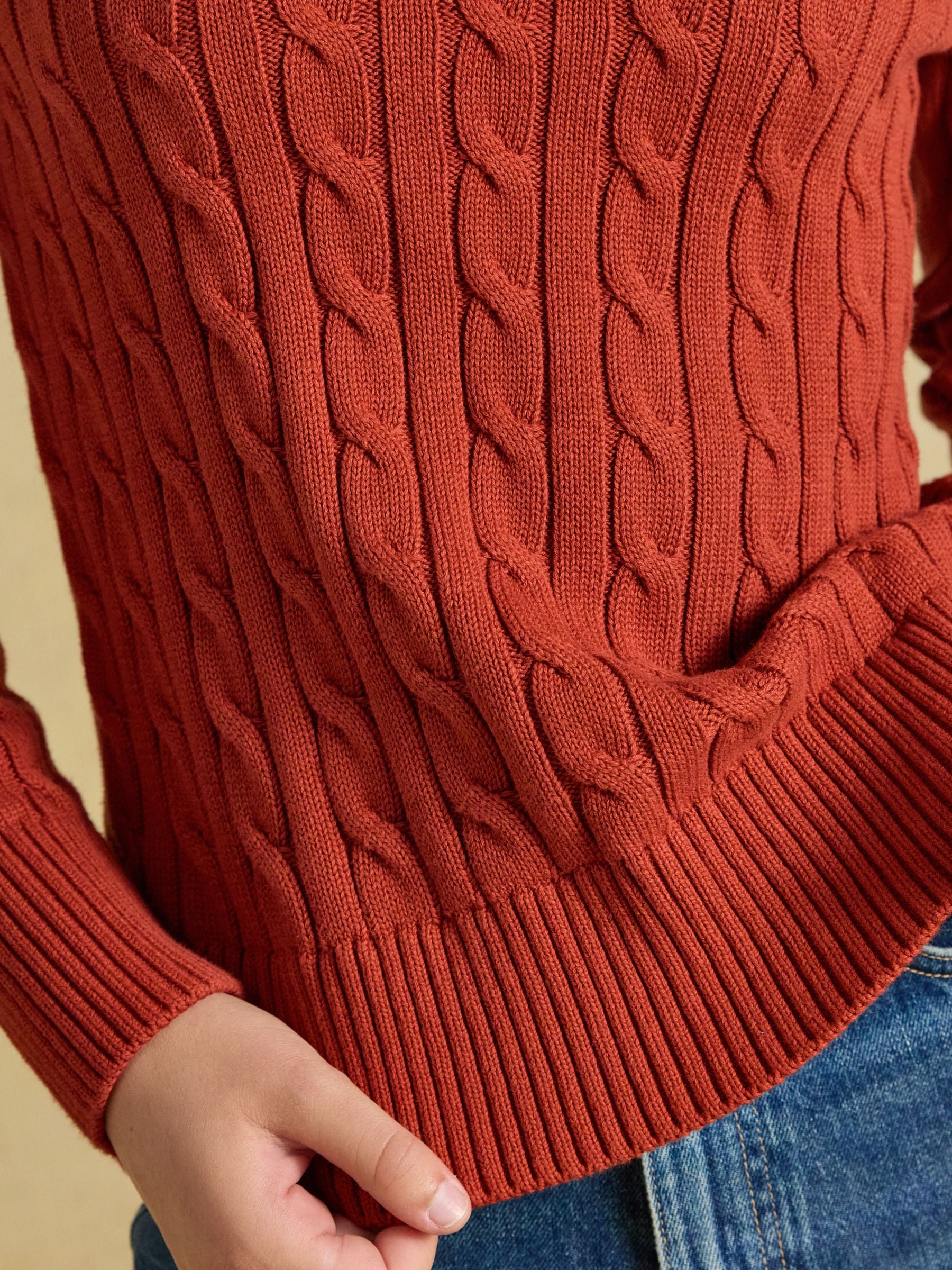Burnt Orange Classic Crew Neck Cotton Cable Knit Jumper