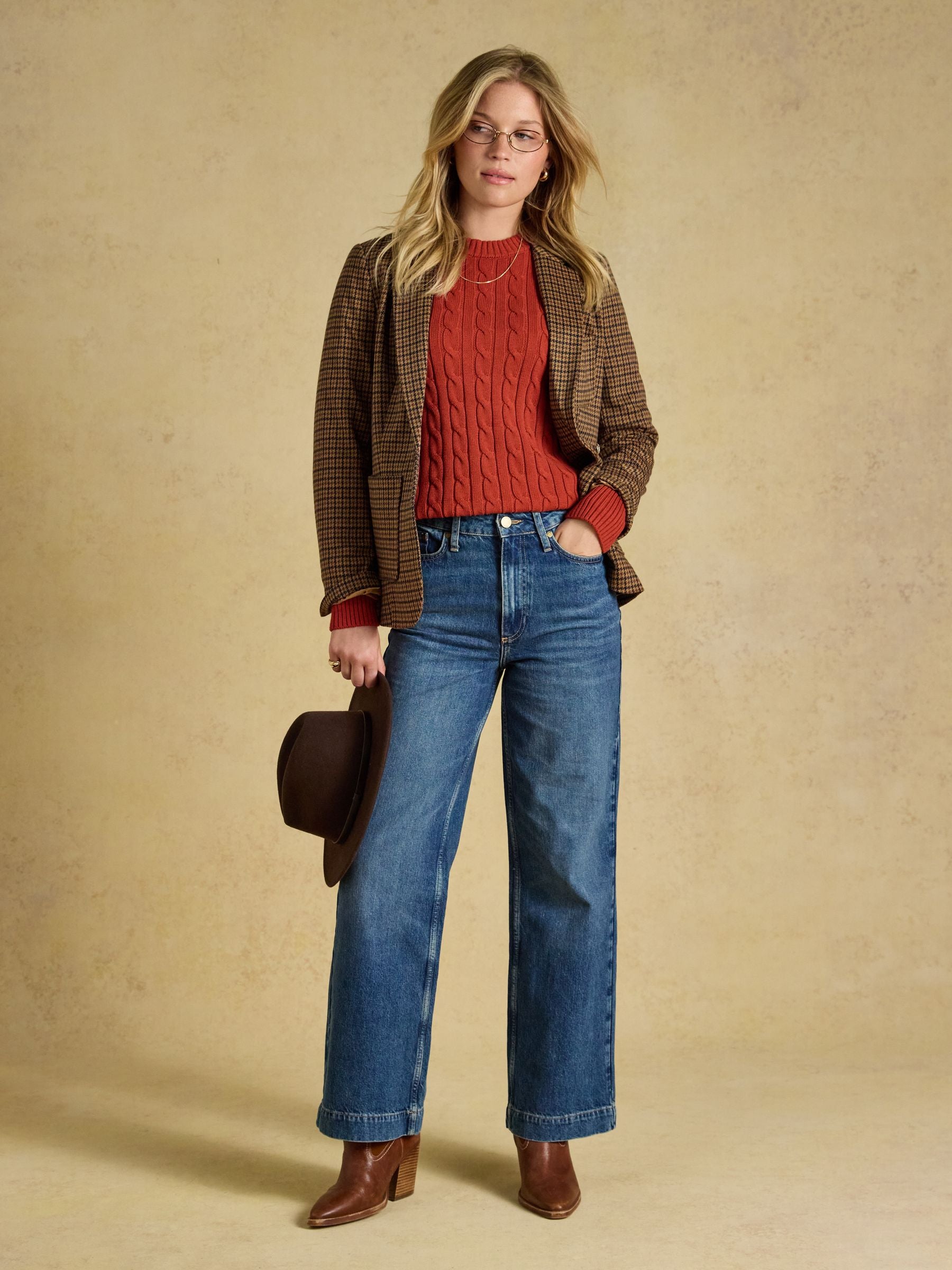 Burnt Orange Classic Crew Neck Cotton Cable Knit Jumper