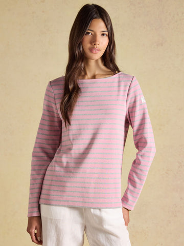 Harbour Pink & Grey Marl Long Sleeve Striped Boat Neck Breton Top