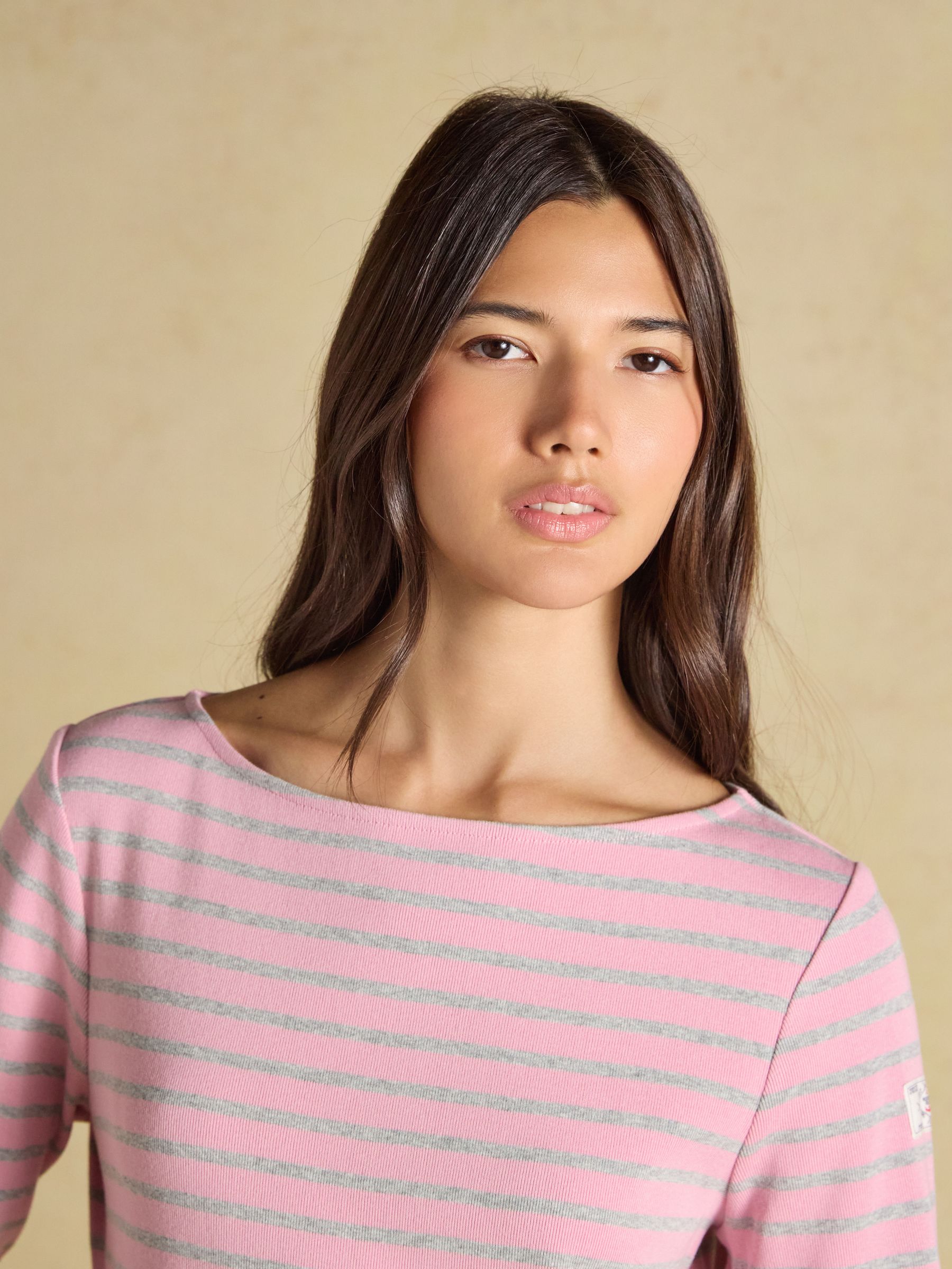 Harbour Pink & Grey Marl Long Sleeve Striped Boat Neck Breton Top