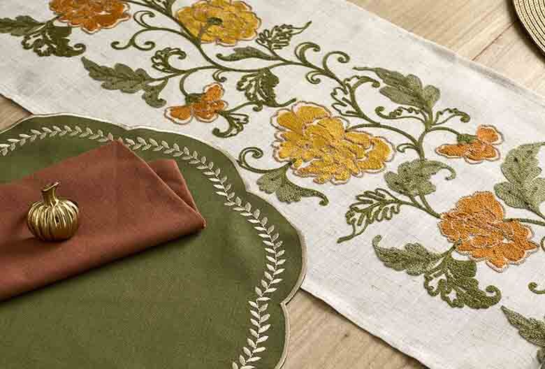 Embroidered autumn flower runner