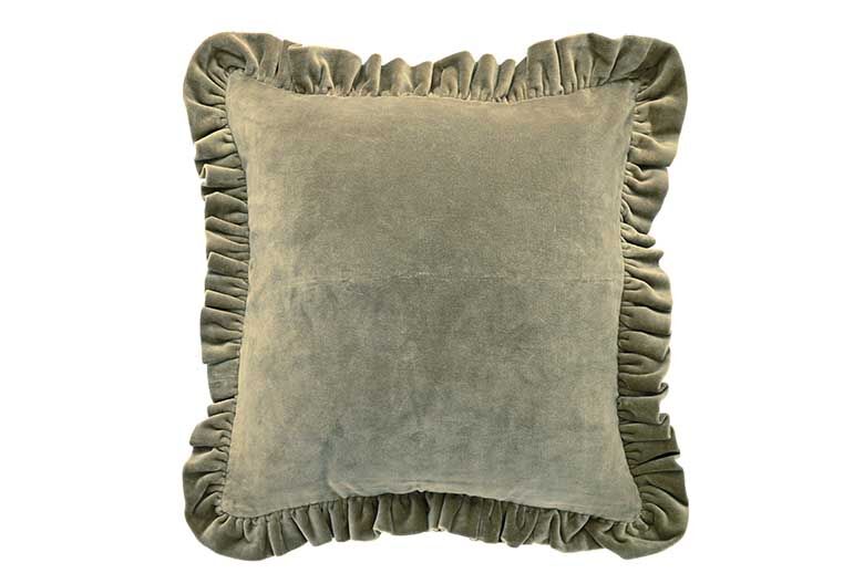 Matilda velvet ruffle cushion olive