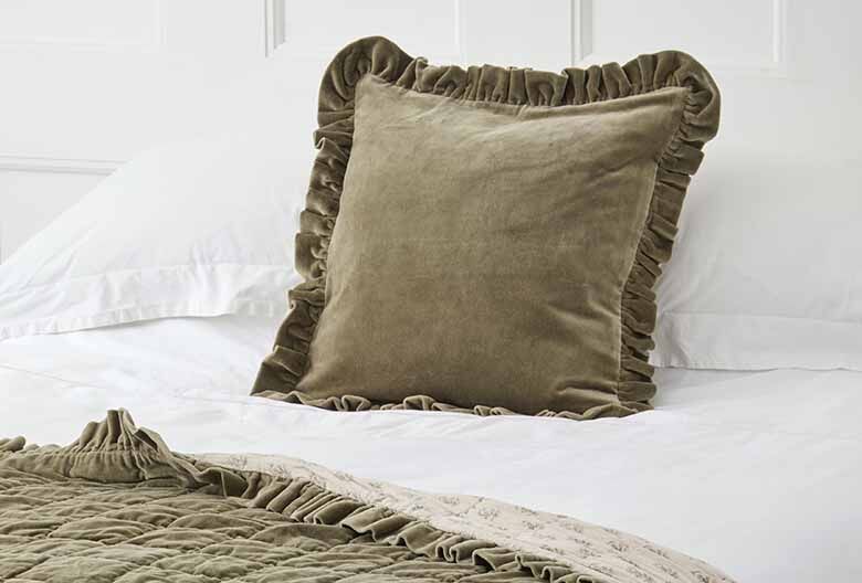 Matilda velvet ruffle cushion olive