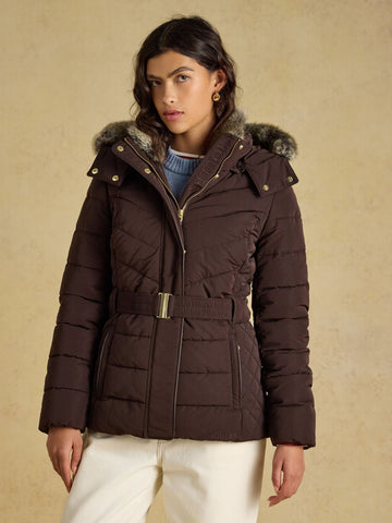 Showerproof Padded Coat with Faux Fur Hood - Chocolate Brown