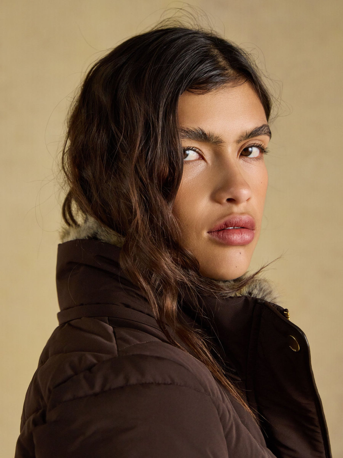Showerproof Padded Coat with Faux Fur Hood - Chocolate Brown