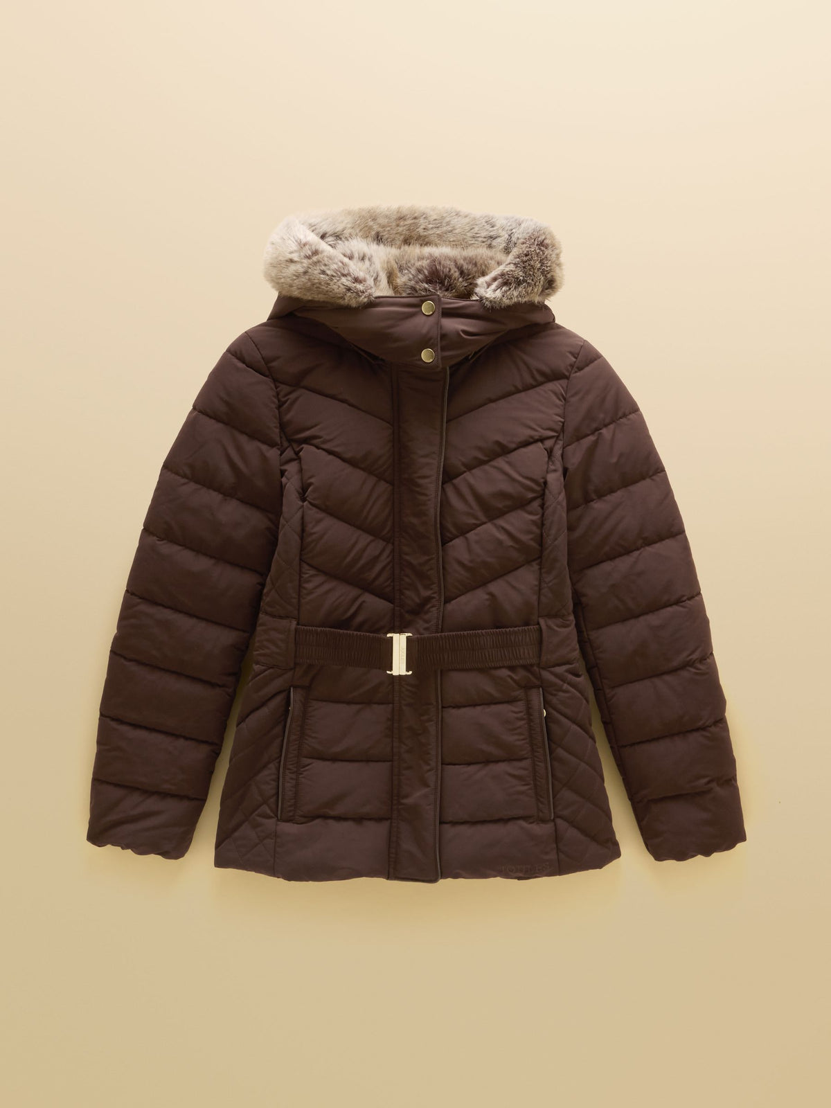 Showerproof Padded Coat with Faux Fur Hood - Chocolate Brown