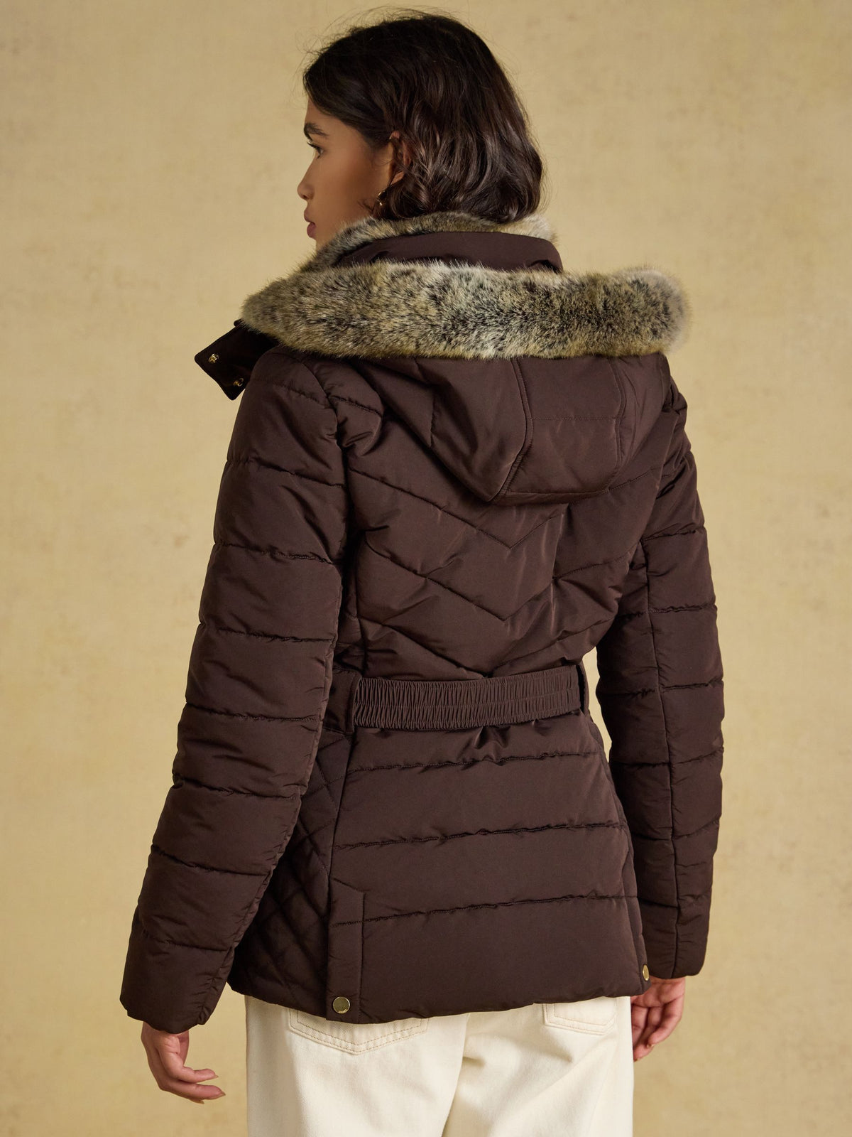 Showerproof Padded Coat with Faux Fur Hood - Chocolate Brown