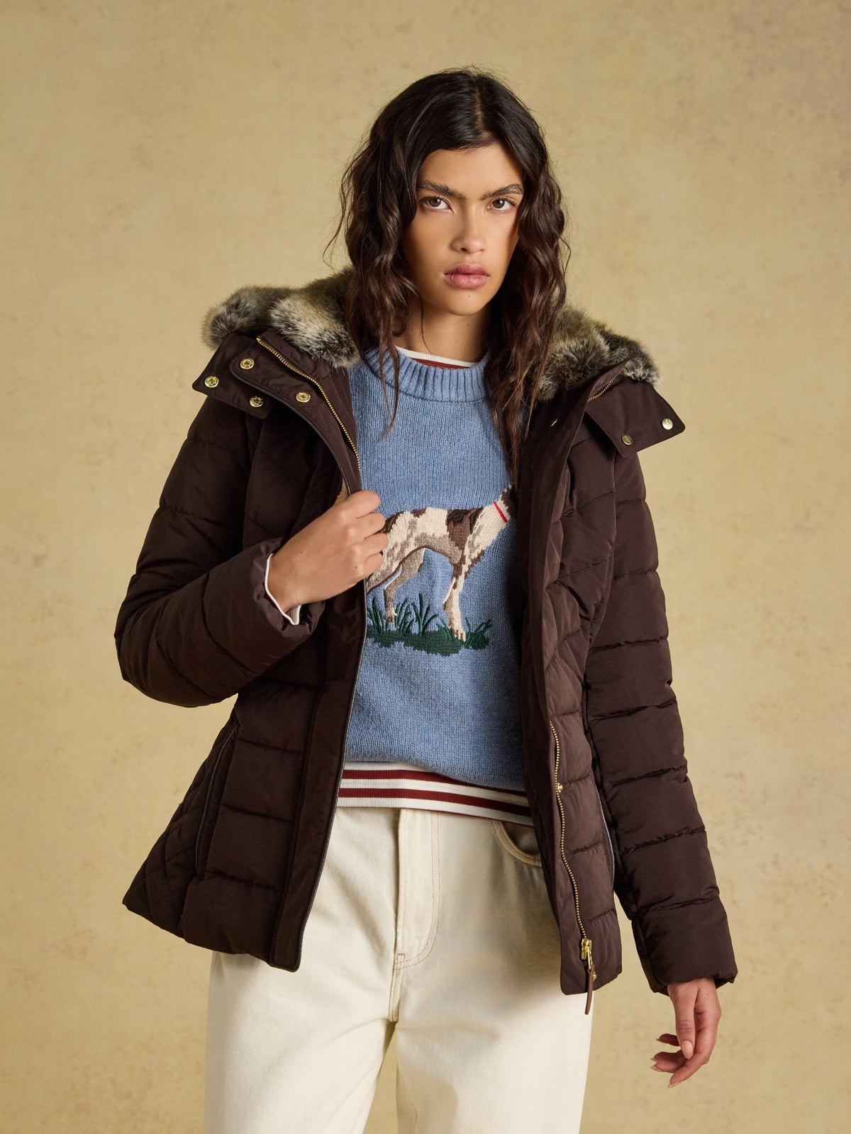 Showerproof Padded Coat with Faux Fur Hood - Chocolate Brown