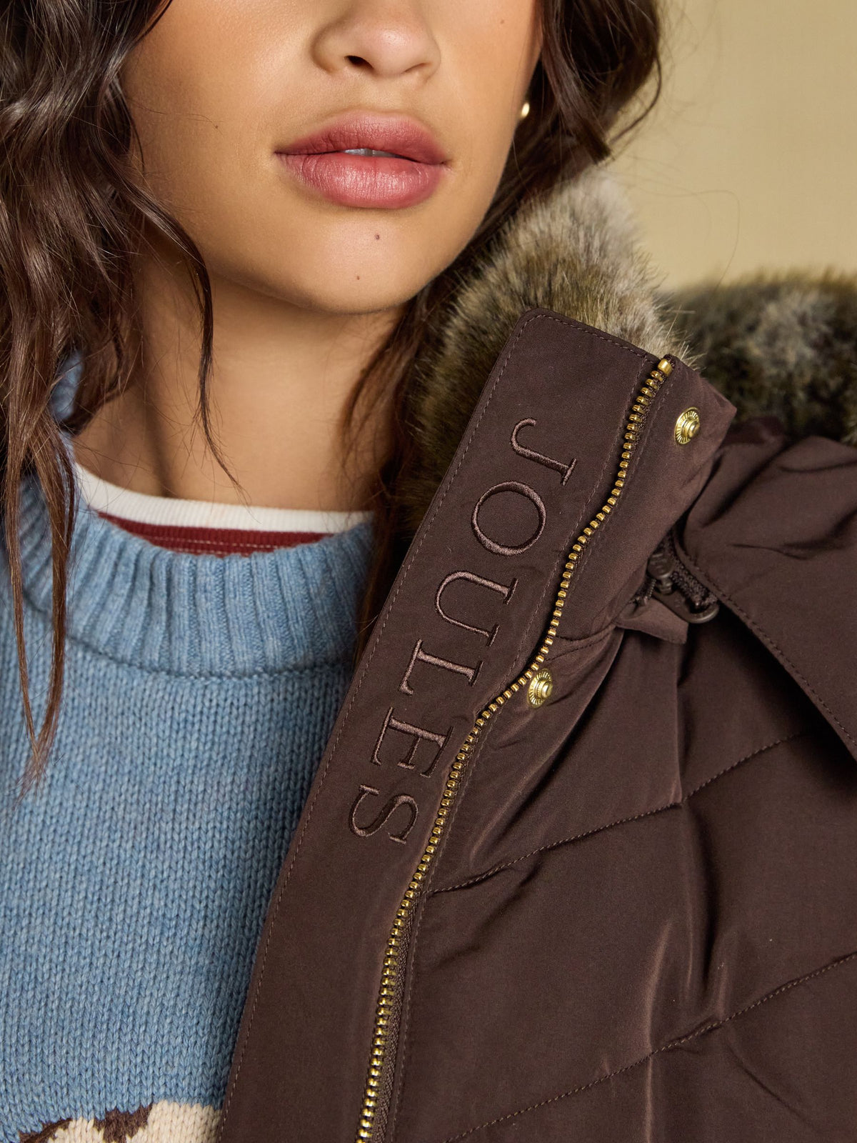 Showerproof Padded Coat with Faux Fur Hood - Chocolate Brown