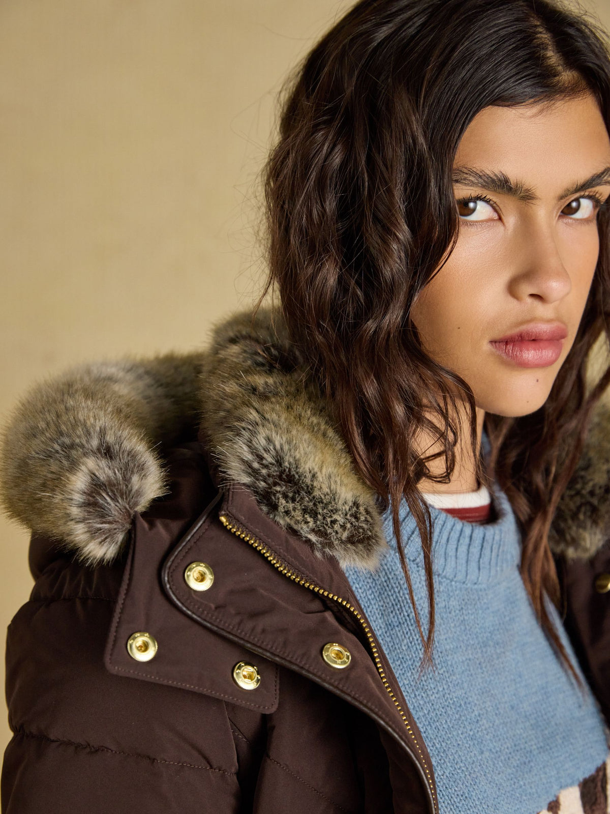Showerproof Padded Coat with Faux Fur Hood - Chocolate Brown