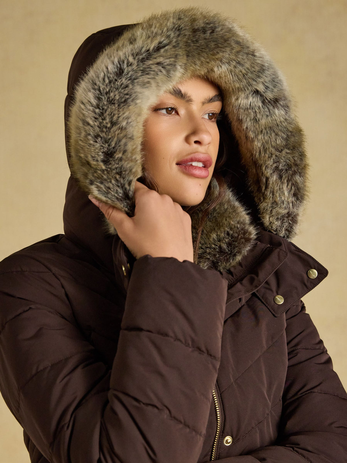 Showerproof Padded Coat with Faux Fur Hood - Chocolate Brown