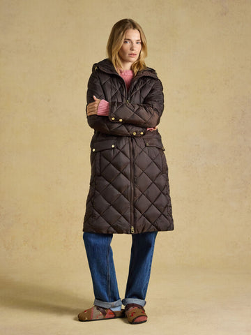 Showerproof Longline Diamond Quilted Coat with Hood - Chocolate Brown