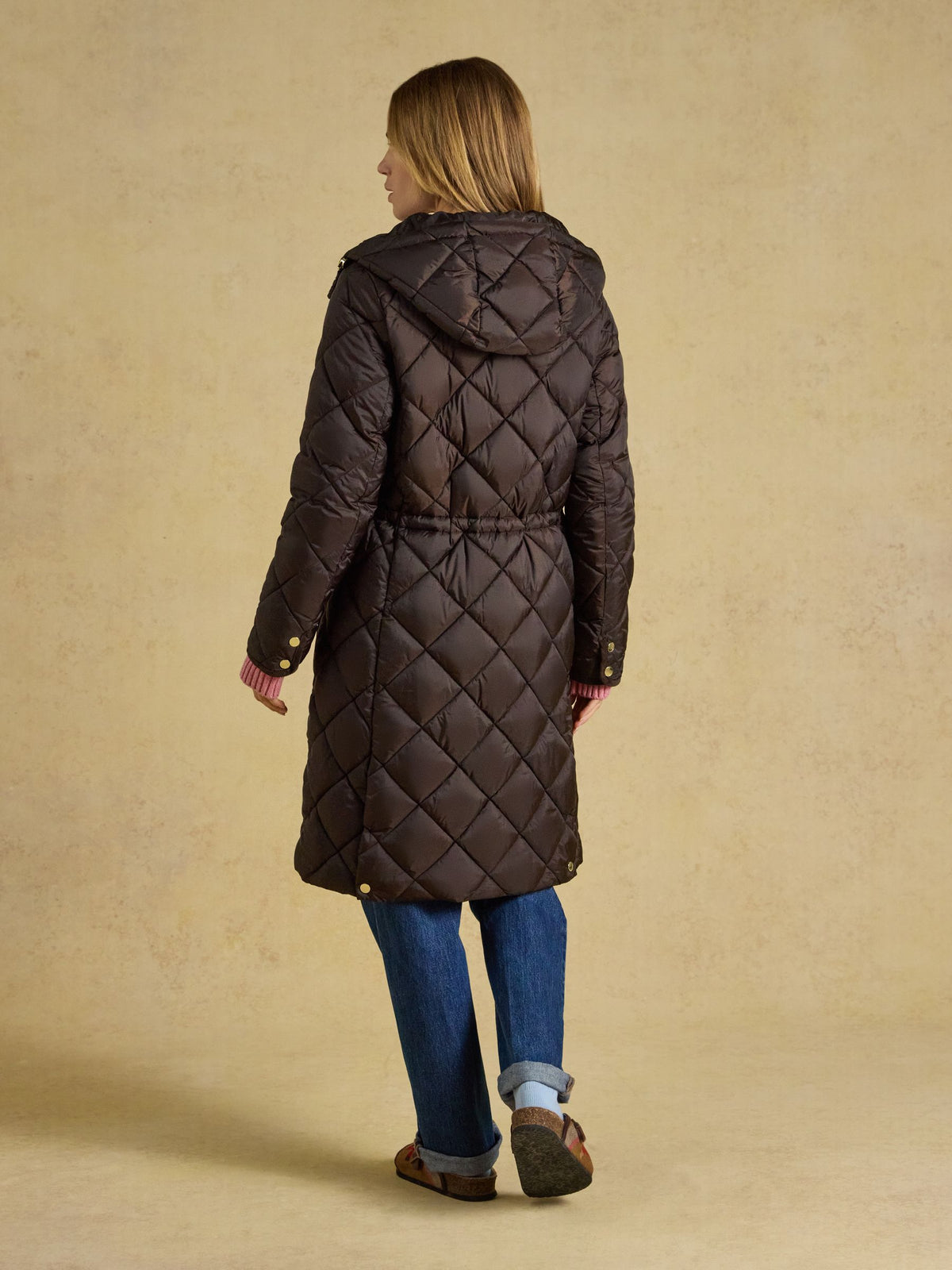 Showerproof Longline Diamond Quilted Coat with Hood - Chocolate Brown