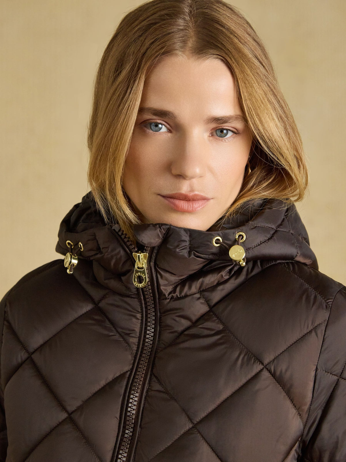 Showerproof Longline Diamond Quilted Coat with Hood - Chocolate Brown