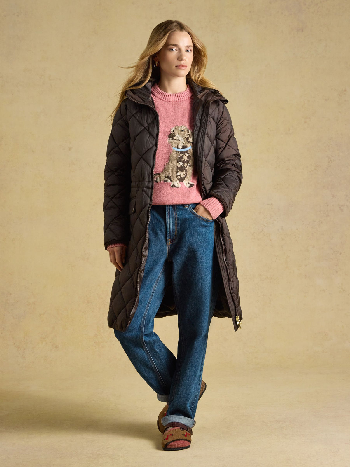 Showerproof Longline Diamond Quilted Coat with Hood - Chocolate Brown