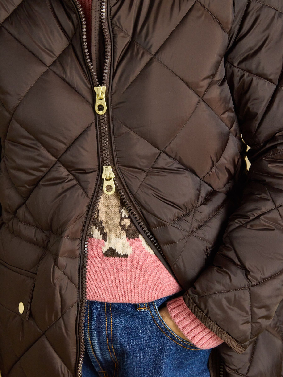 Showerproof Longline Diamond Quilted Coat with Hood - Chocolate Brown