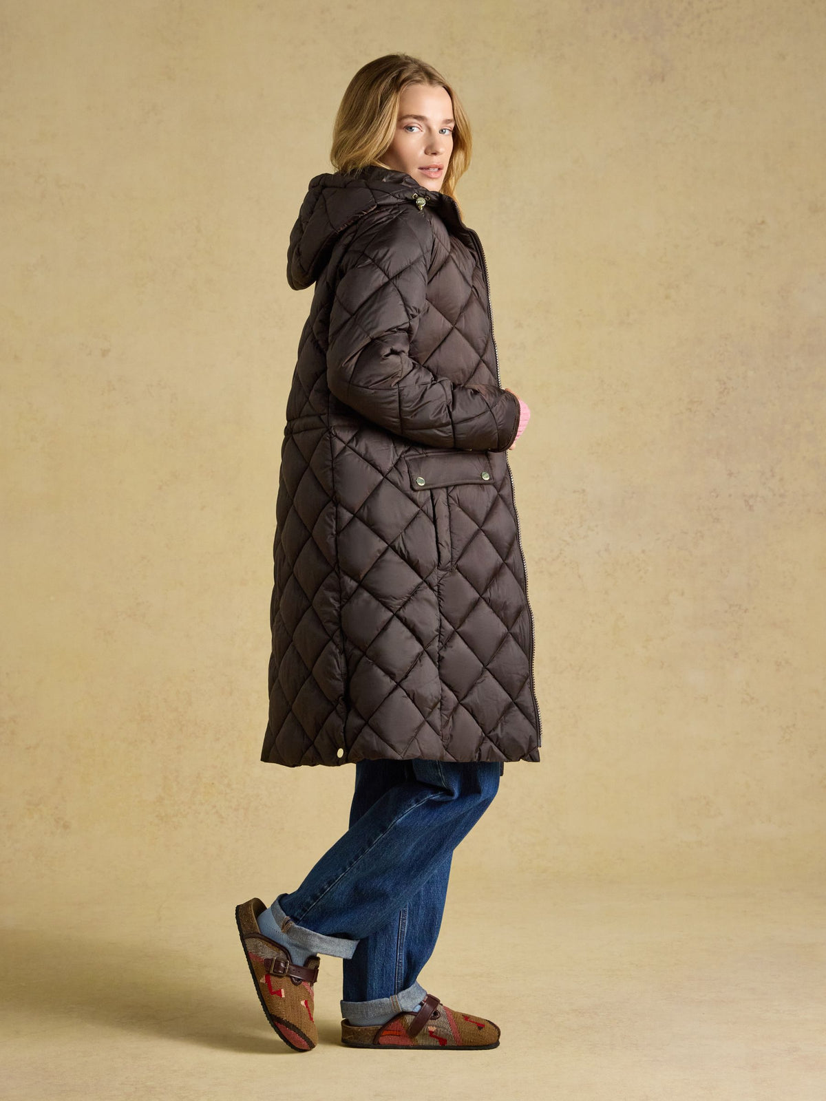 Showerproof Longline Diamond Quilted Coat with Hood - Chocolate Brown